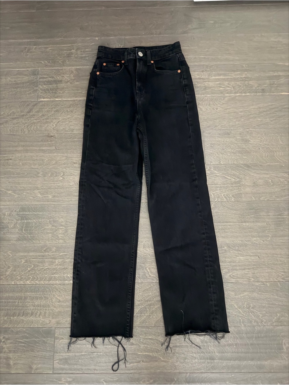 Zara Black Straight-Leg Raw-Hem Jeans